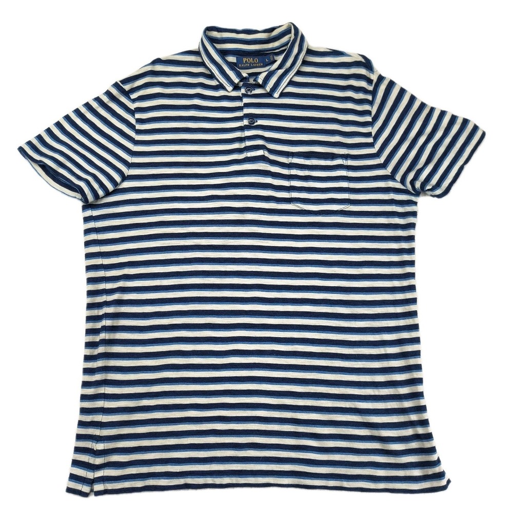 Polo Ralph Lauren Mens Large Blue White‎ Striped Short Sleeve Pocket Polo Shirt